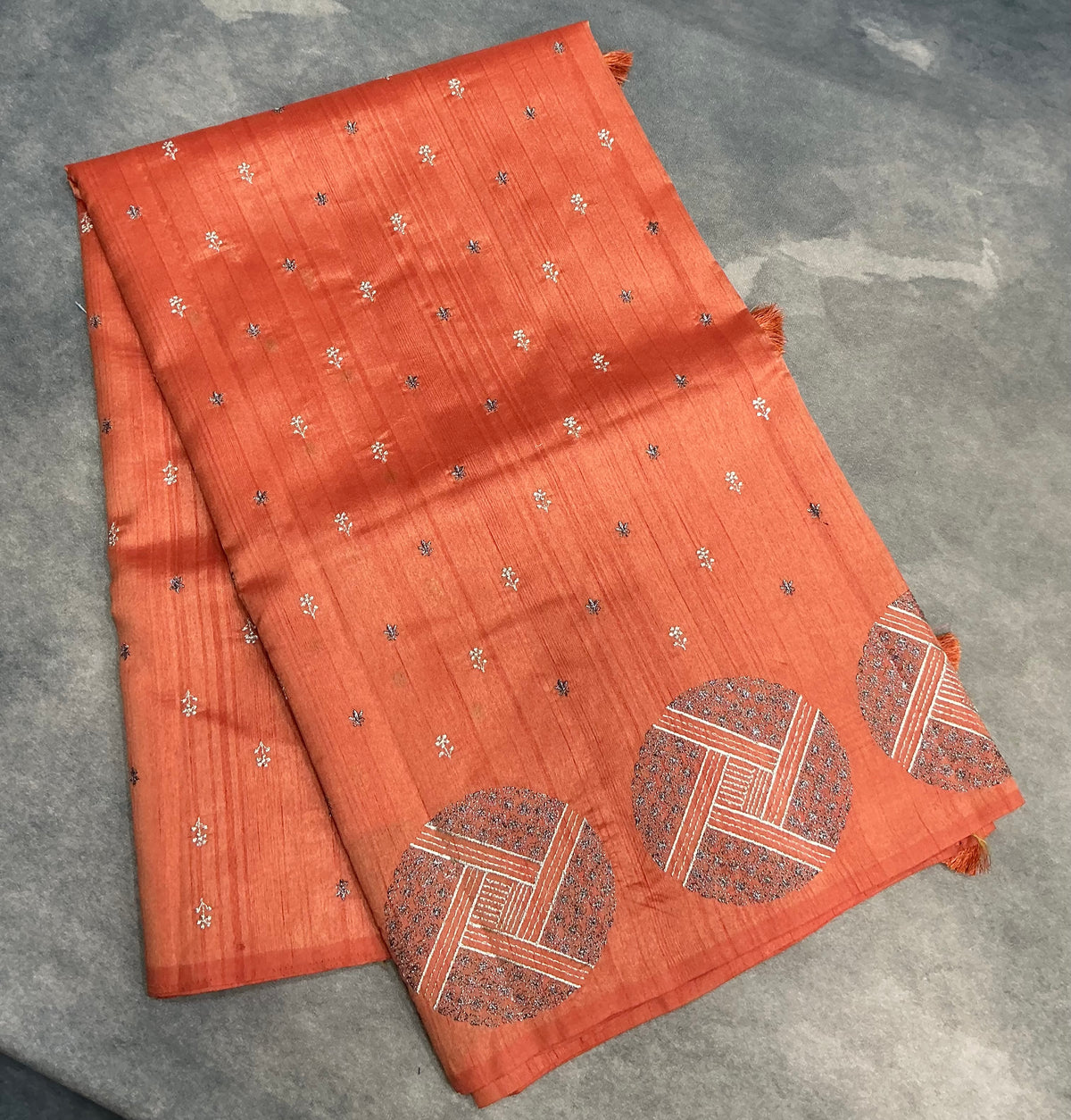 Orange Tussar Saree with Embroidery Work Border