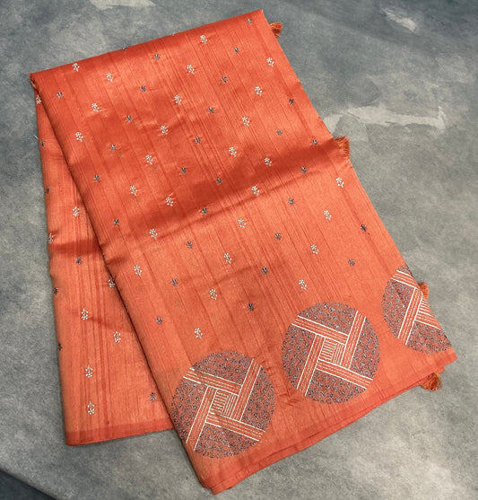 Orange Tussar Saree with Embroidery Work Border