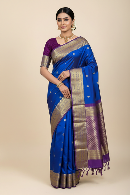 Royal Blue vegan silk saree with contrast border