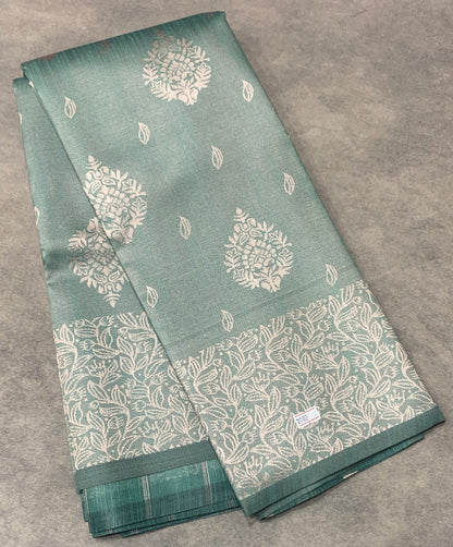 Sea Green Colour Semi Jute Silk Saree with Silver Zari Border