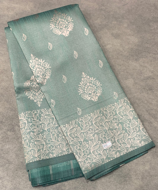 Sea Green Colour Semi Jute Silk Saree with Silver Zari Border