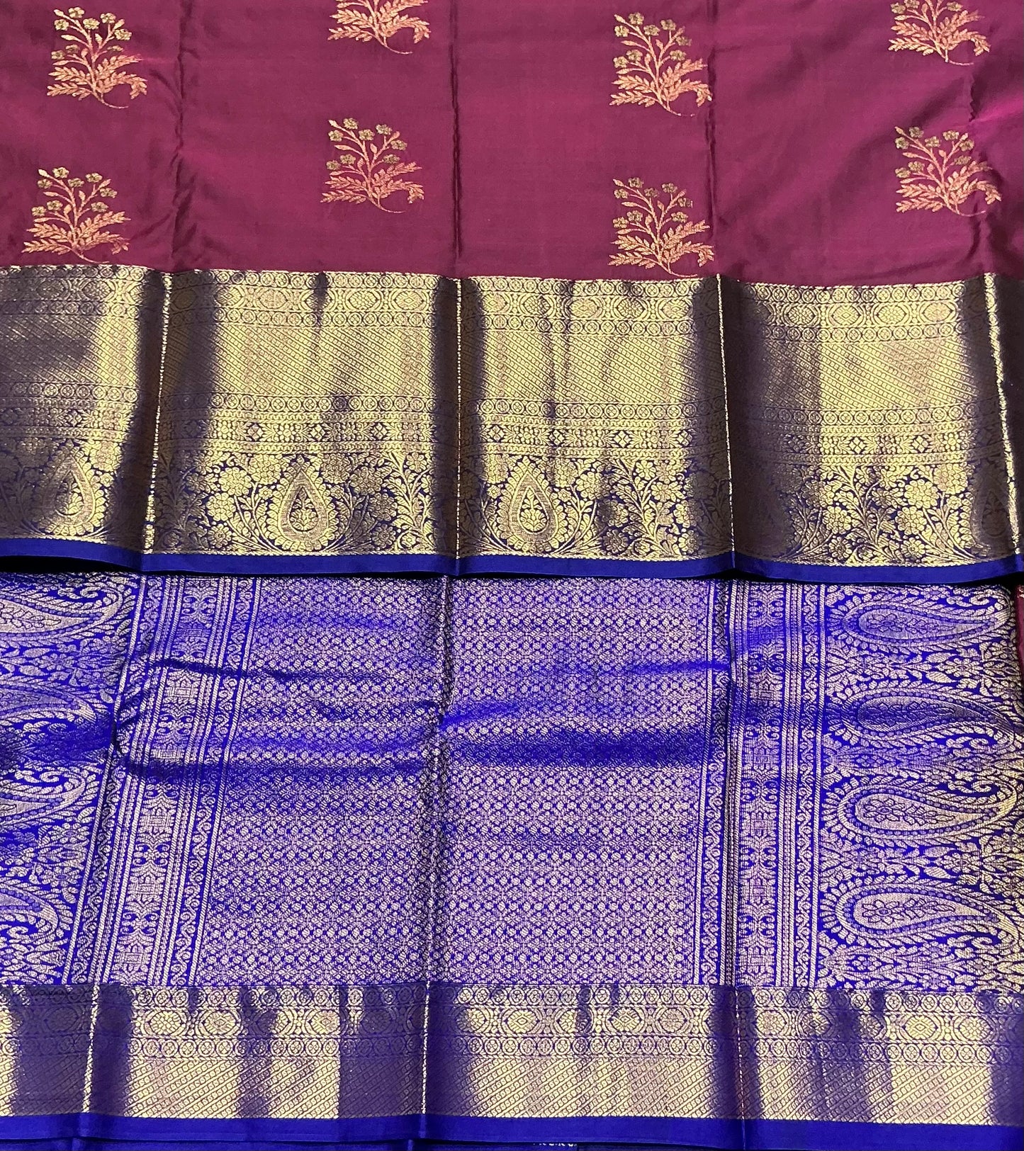 Maroon Color Vegan Silk saree with Blue Color with Floral Design border