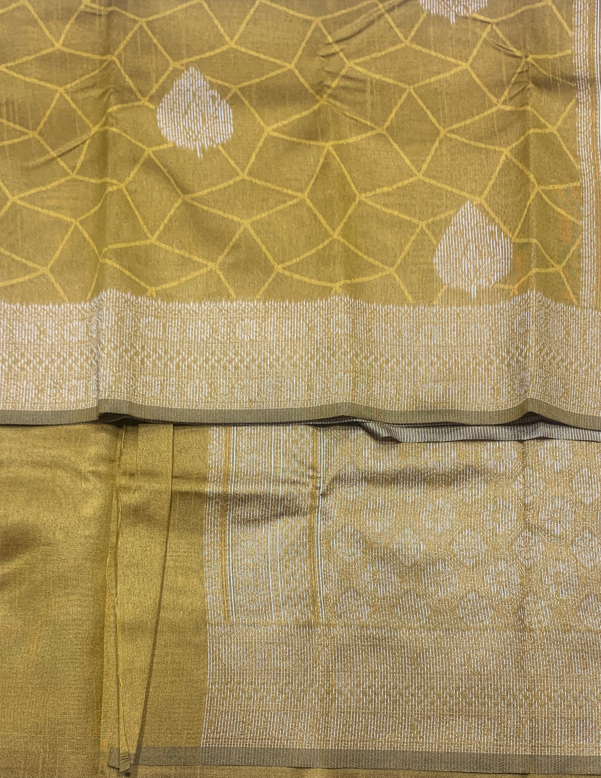 Mustard Colour Jute Silk Saree with Leaf Butta and Zari Border