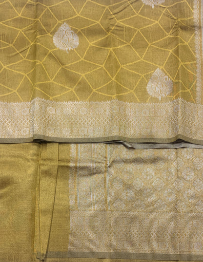 Mustard Colour Jute Silk Saree with Leaf Butta and Zari Border