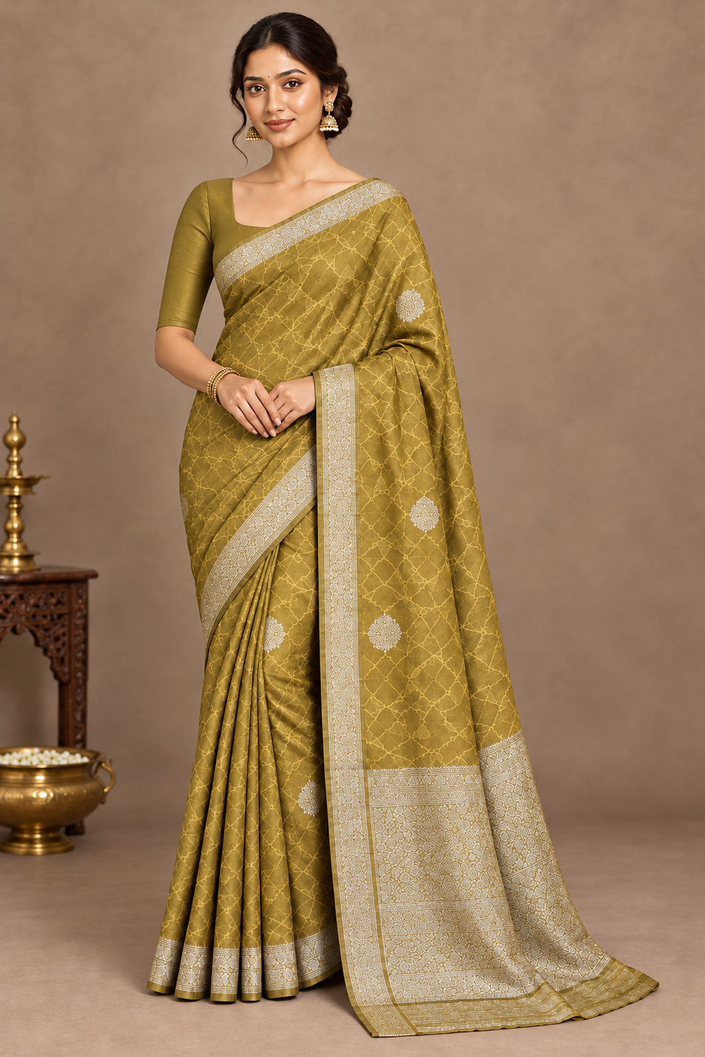 Mustard Colour Jute Silk Saree with Leaf Butta and Zari Border