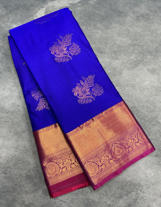 Blue Color Vegan Silk saree with Pink Color with Floral Design border