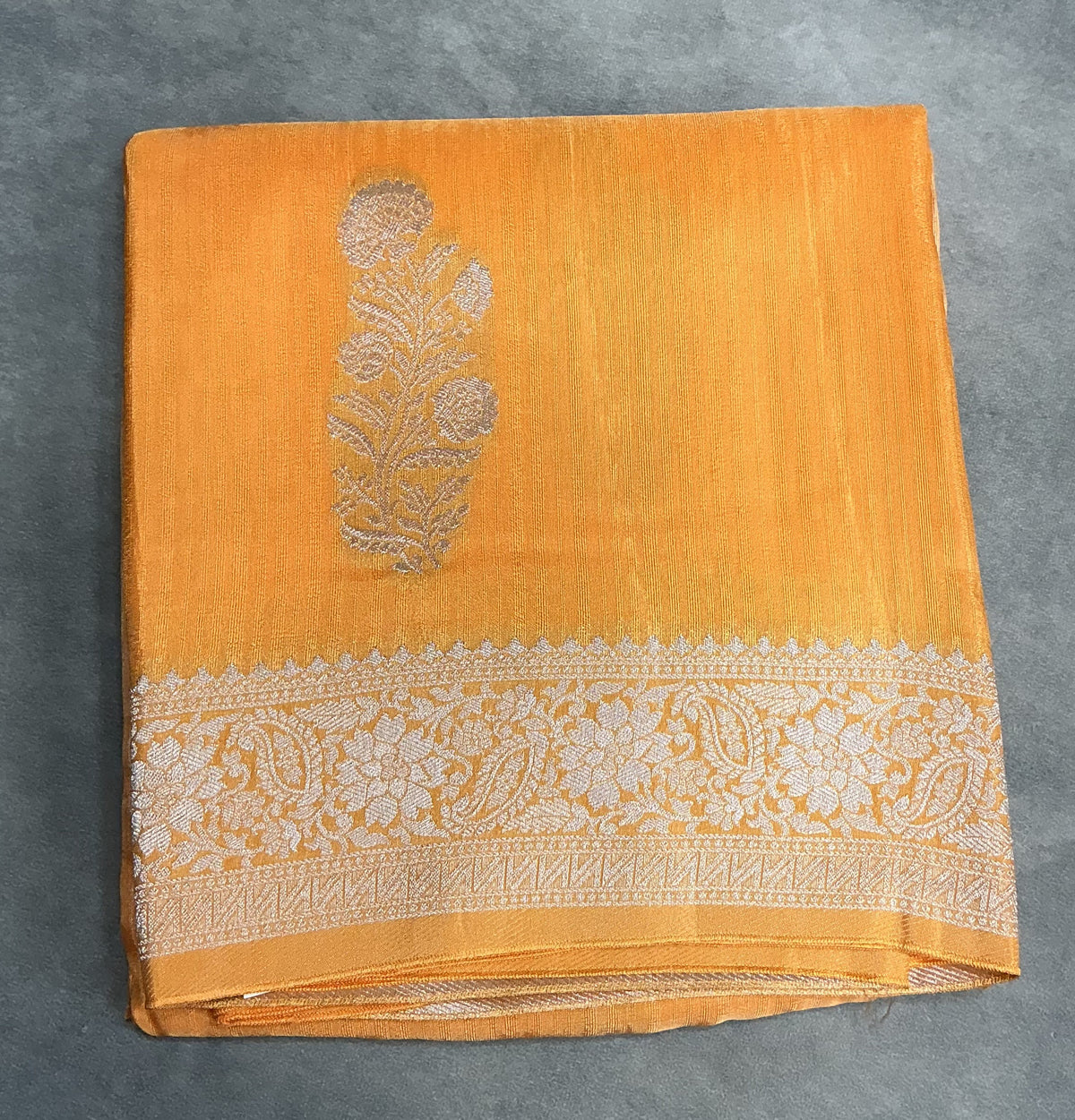 Semi Banarasi Saree Mango Yellow Color with Silver Zari Design Border