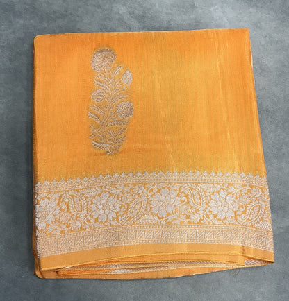Semi Banarasi Saree Mango Yellow Color with Silver Zari Design Border