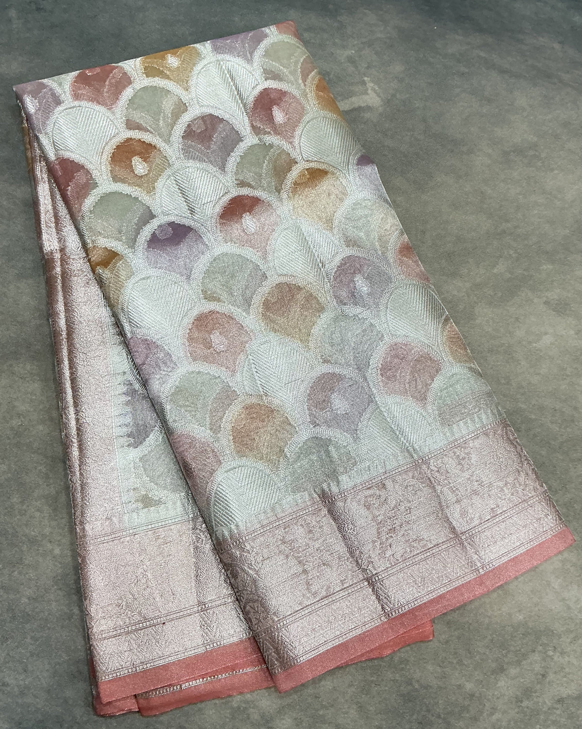 Katan Tissue Semi Silk Saree Multicolour Pastel with Peach Pink Colour Border
