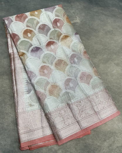 Katan Tissue Semi Silk Saree Multicolour Pastel with Peach Pink Colour Border