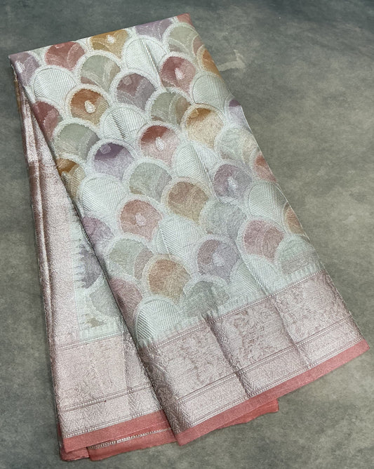 Katan Tissue Semi Silk Saree Multicolour Pastel with Peach Pink Colour Border