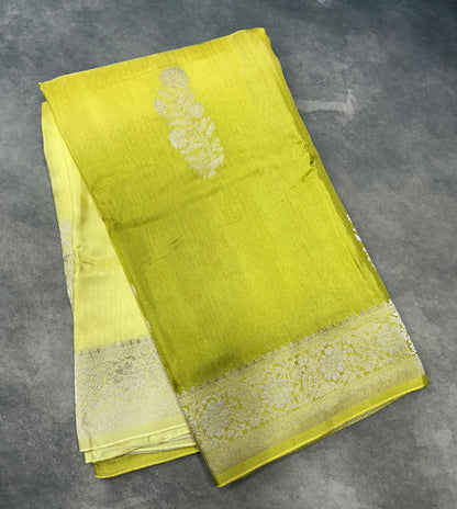 Semi Banarasi Saree Apple Green Color with Silver Zari Design Border