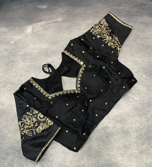 Ready-to-Wear Embroidered Silk Blouse - Black, Silver Embroidery (Style 1)