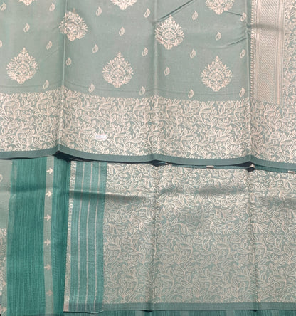 Sea Green Colour Semi Jute Silk Saree with Silver Zari Border