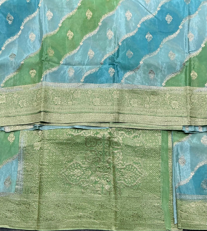 Semi Banarasi Saree Multi Colour with Banarasi Style Light Green Colour Floral Zari Border