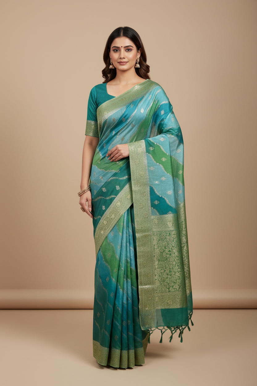 Semi Banarasi Saree Multi Colour with Banarasi Style Light Green Colour Floral Zari Border