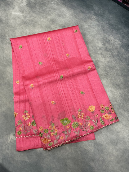 Pink Color Tussar Saree with Embroidered Border