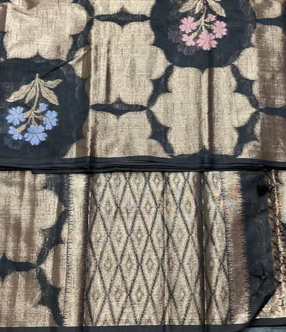Black Colour Chanderi Silk Saree, Borderless
