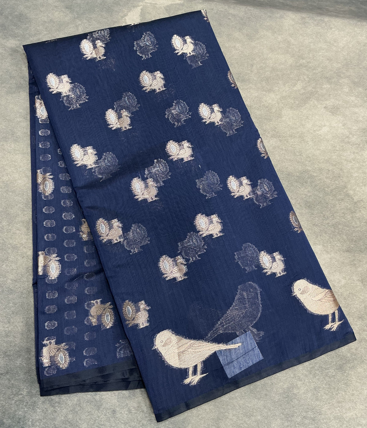 Silk Cotton Saree Blue Colour with Peacock and Sparrow Butta