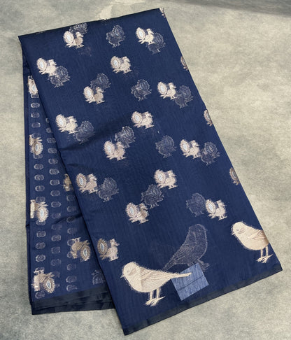 Silk Cotton Saree Blue Colour with Peacock and Sparrow Butta