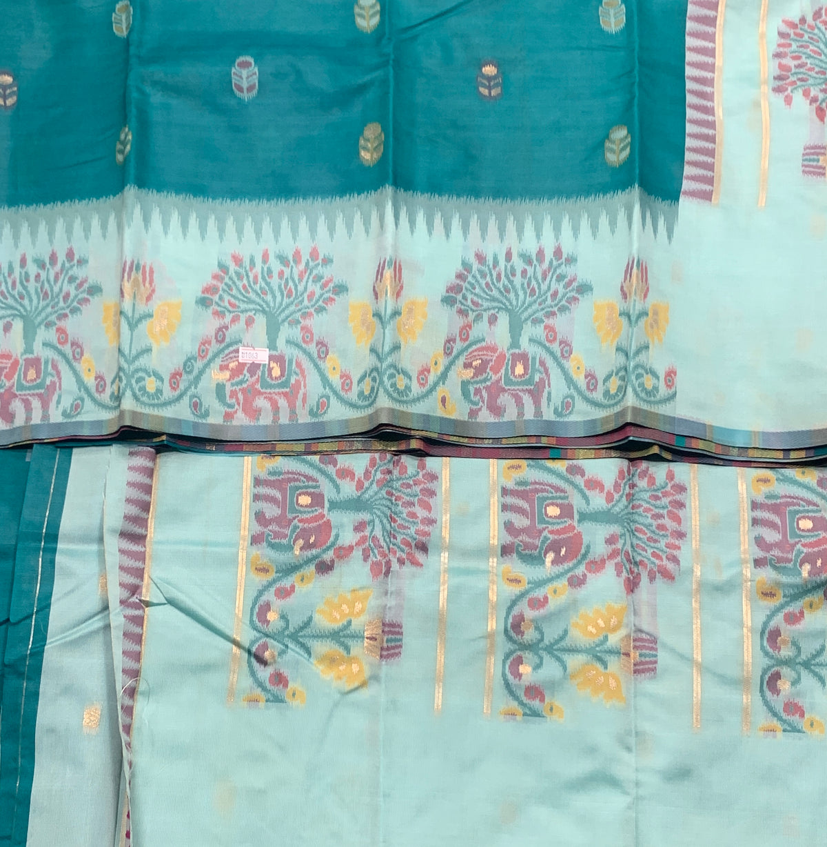 Rama Green Colour Satin Saree with Light Green Colour Ikat Border