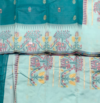 Rama Green Colour Satin Saree with Light Green Colour Ikat Border