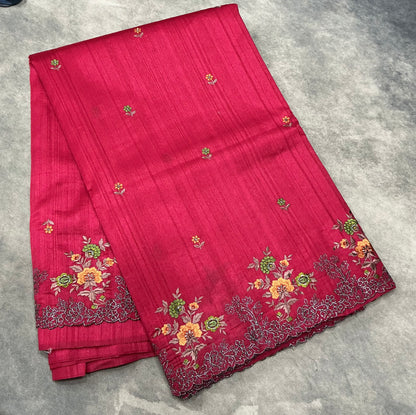 Dark Pink Color Tussar Saree with Embroidered Border