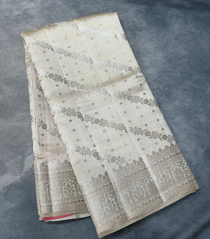 Semi Tussar Silk Saree Tussar Colour with Silver Zari Border