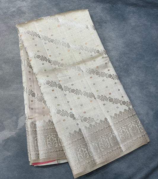 Semi Tussar Silk Saree Tussar Colour with Silver Zari Border