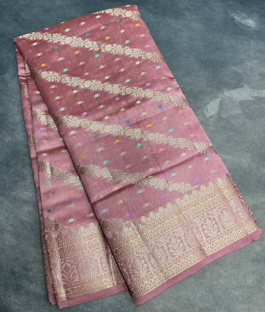 Semi Tussar Silk Saree Light Pink Colour with Silver Zari Border