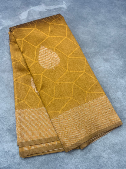 Mustard Colour Jute Silk Saree with Leaf Butta and Zari Border