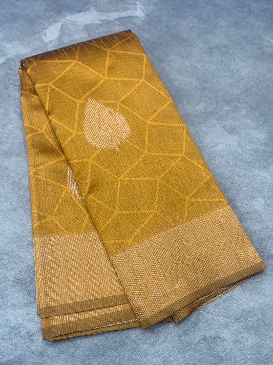Mustard Colour Jute Silk Saree with Leaf Butta and Zari Border