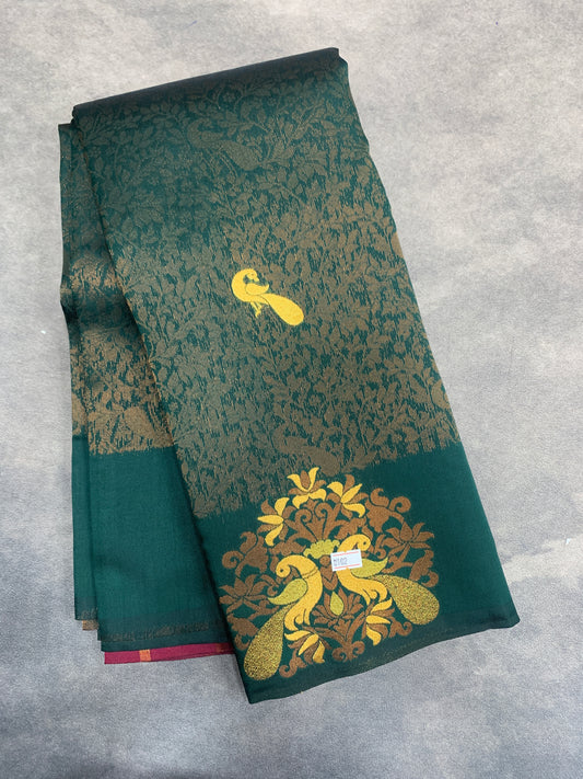 Green Colour Semi Silk Saree with Peacock Motif