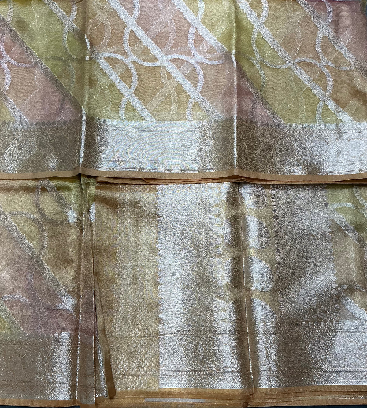 Katan Tissue Semi Silk Saree Mustard Yellow Colour with Silver Zari Border