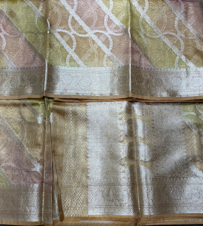 Katan Tissue Semi Silk Saree Mustard Yellow Colour with Silver Zari Border