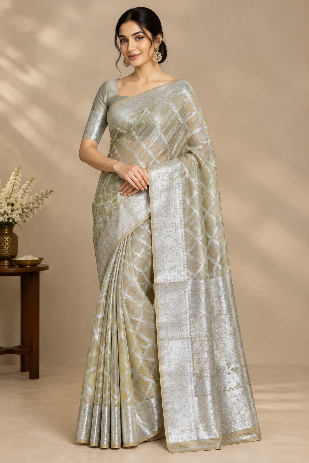 Katan Tissue Semi Silk Saree Mustard Yellow Colour with Silver Zari Border