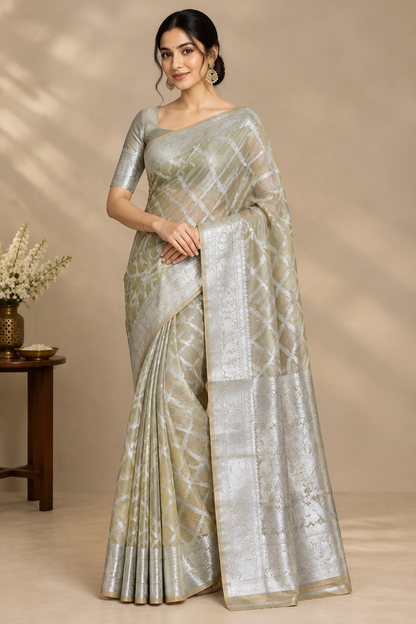 Katan Tissue Semi Silk Saree Mustard Yellow Colour with Silver Zari Border