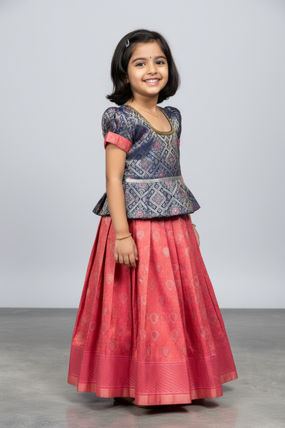 Ready To Wear Pink Pavadai Pink with Blue Blouse