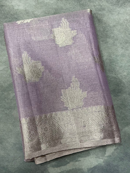 Katan Silk Saree Lavender Colour with Silver Zari Border