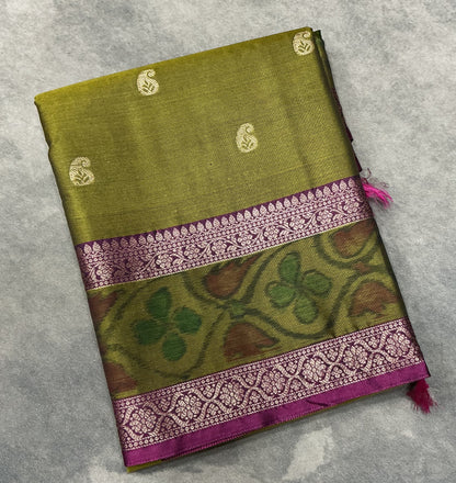 Olive Green Colour Soft Silk Saree with Magenta Colour Ikat Border