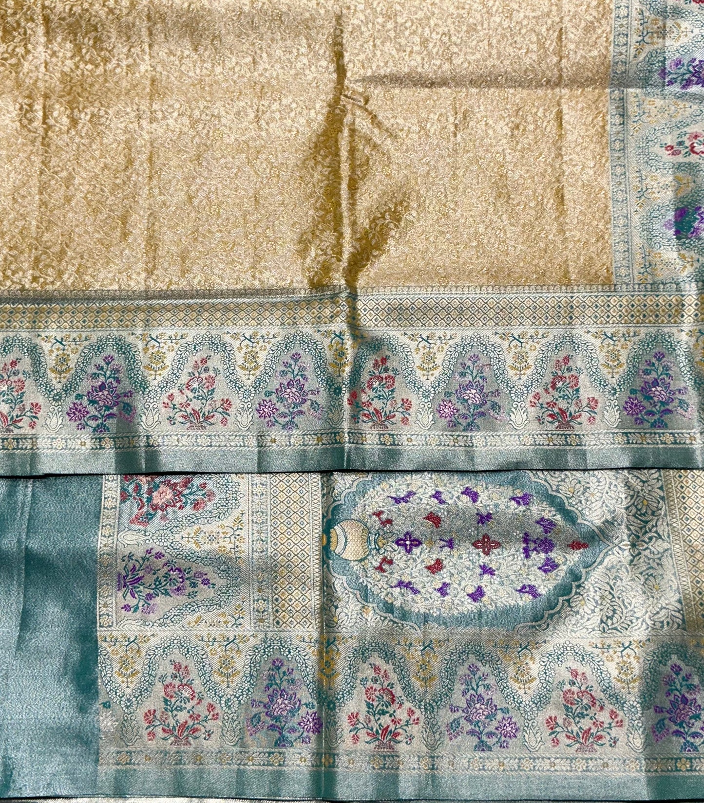 Gold Yellow Tissue Artificial Silk Saree with Meenakari work pallu