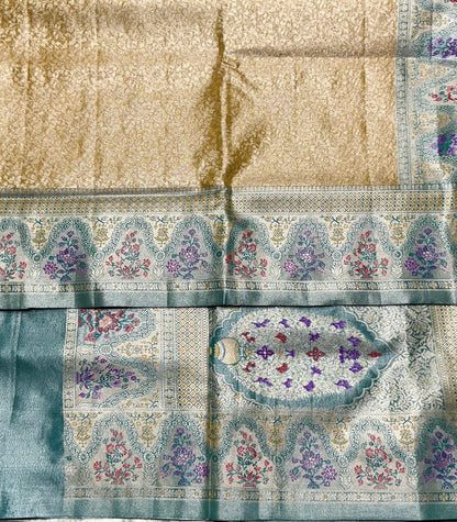 Gold Yellow Tissue Artificial Silk Saree with Meenakari work pallu