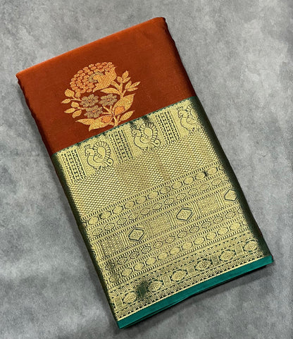 Rust Brown Vegan Silk saree with multi colour motifs contrast saree