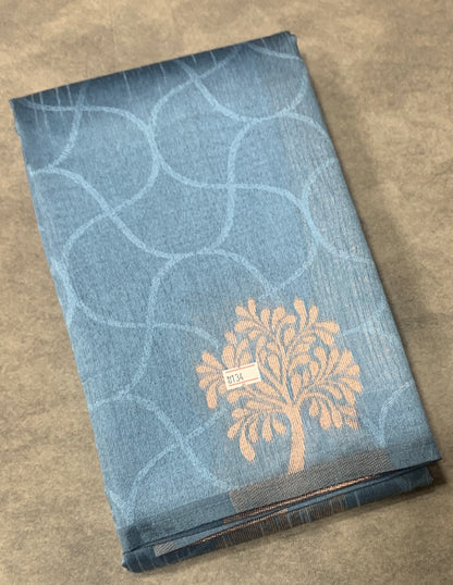 Sky Blue Colour Jute Silk Saree with Balloon Butta, Borderless