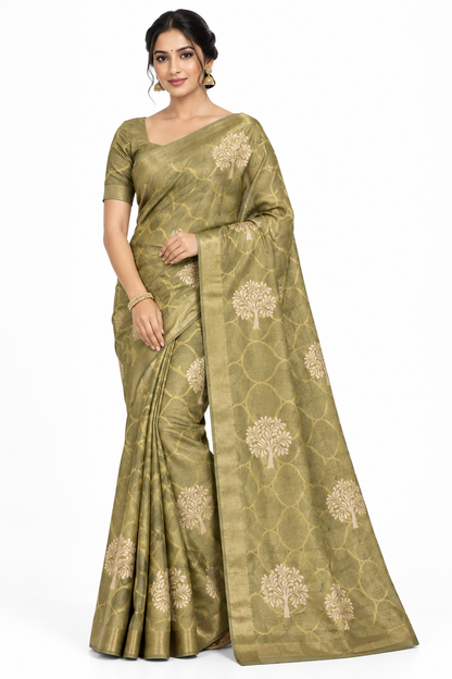 Gold Colour Jute Silk Saree with Balloon Butta, Borderless