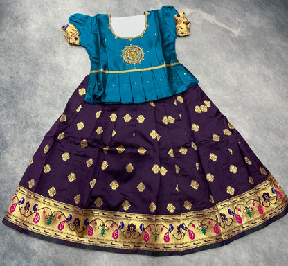 Ready To Wear Pavadai Dark  Purple Colour with Peacock Blue Colour Blouse