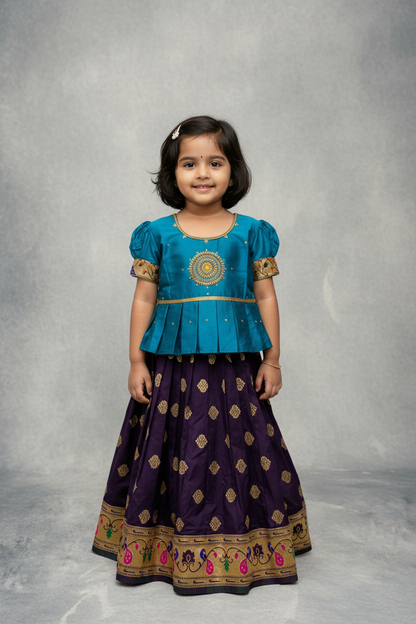 Ready To Wear Pavadai Dark  Purple Colour with Peacock Blue Colour Blouse