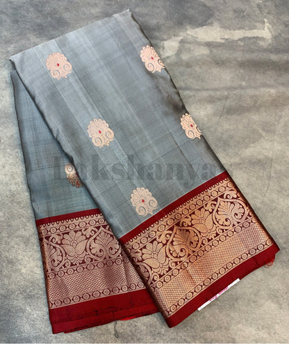 Grey Pure Kanjivaram Silk Saree with Maroon border