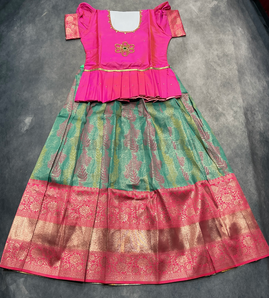 Ready To Wear Pavadai Light Green Colour with Pink Colour Blouse