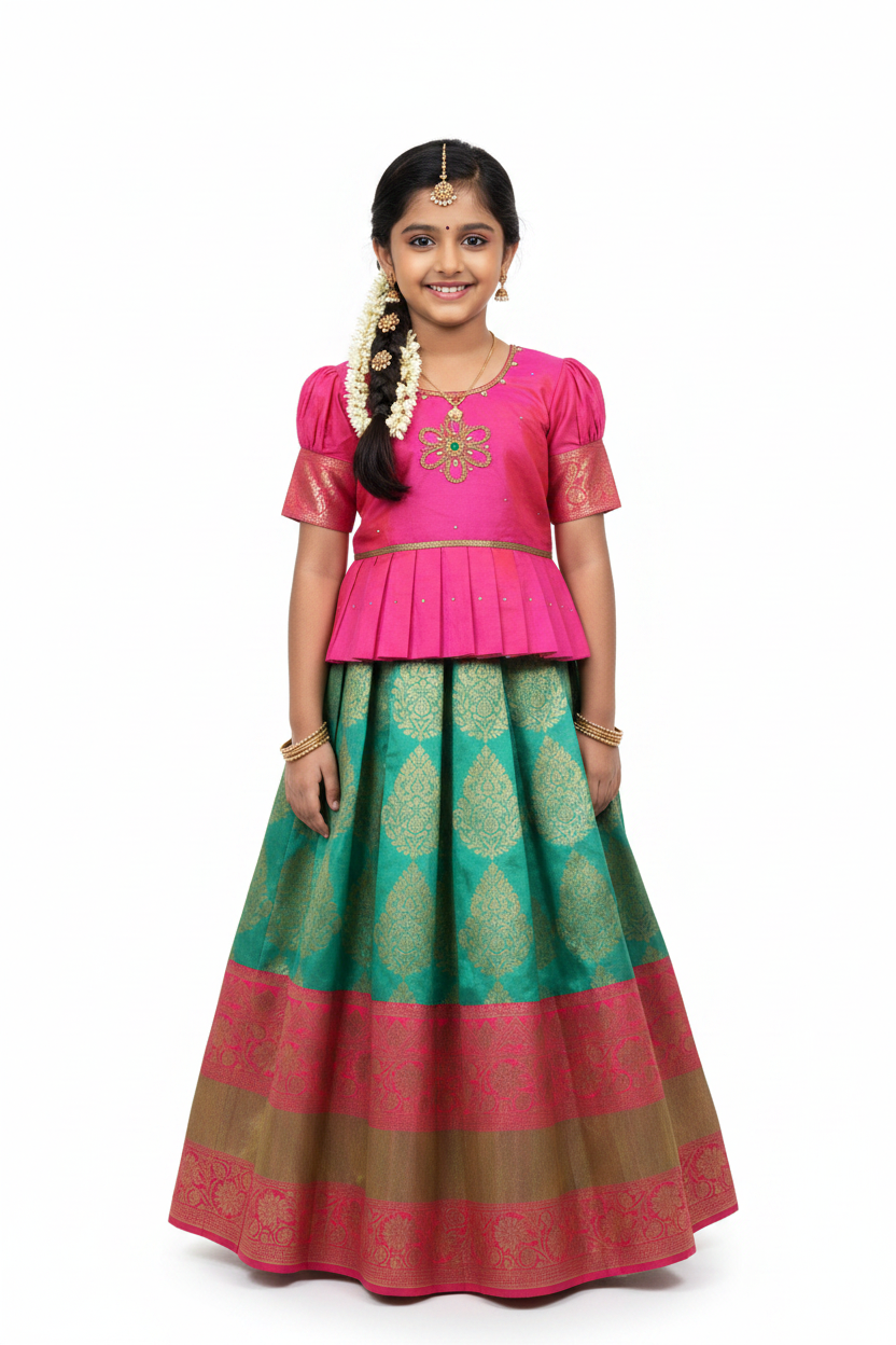 Ready To Wear Pavadai Light Green Colour with Pink Colour Blouse